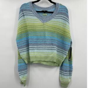 MM by My Michelle Womens VNeck Sweater Striped Long Sleeves Green Blue XL NEW